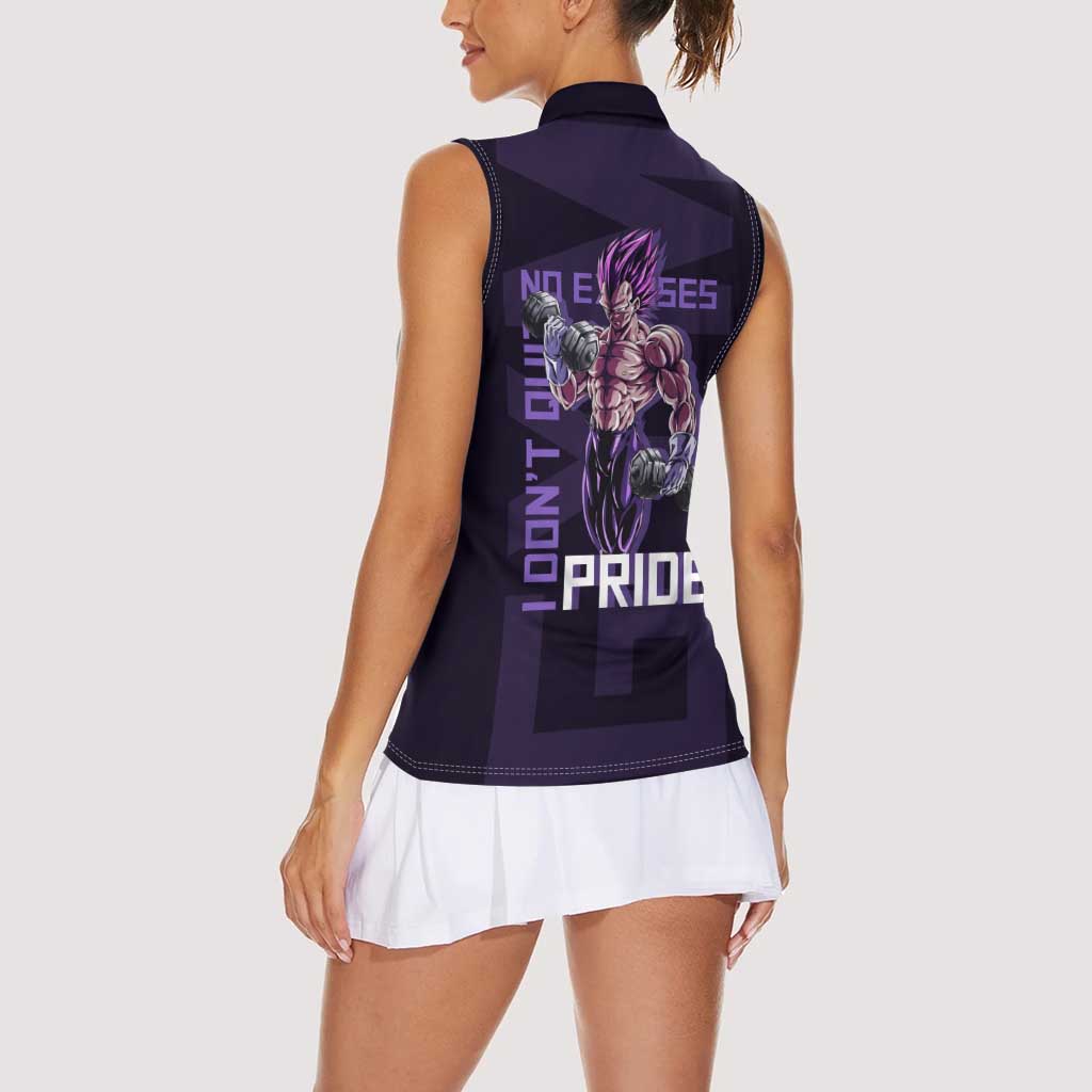 Vegeta Ultra Ego Gym Theme Women Sleeveless Polo Shirt with Dumbbells Power Quote and Pride Design - The Mazicc