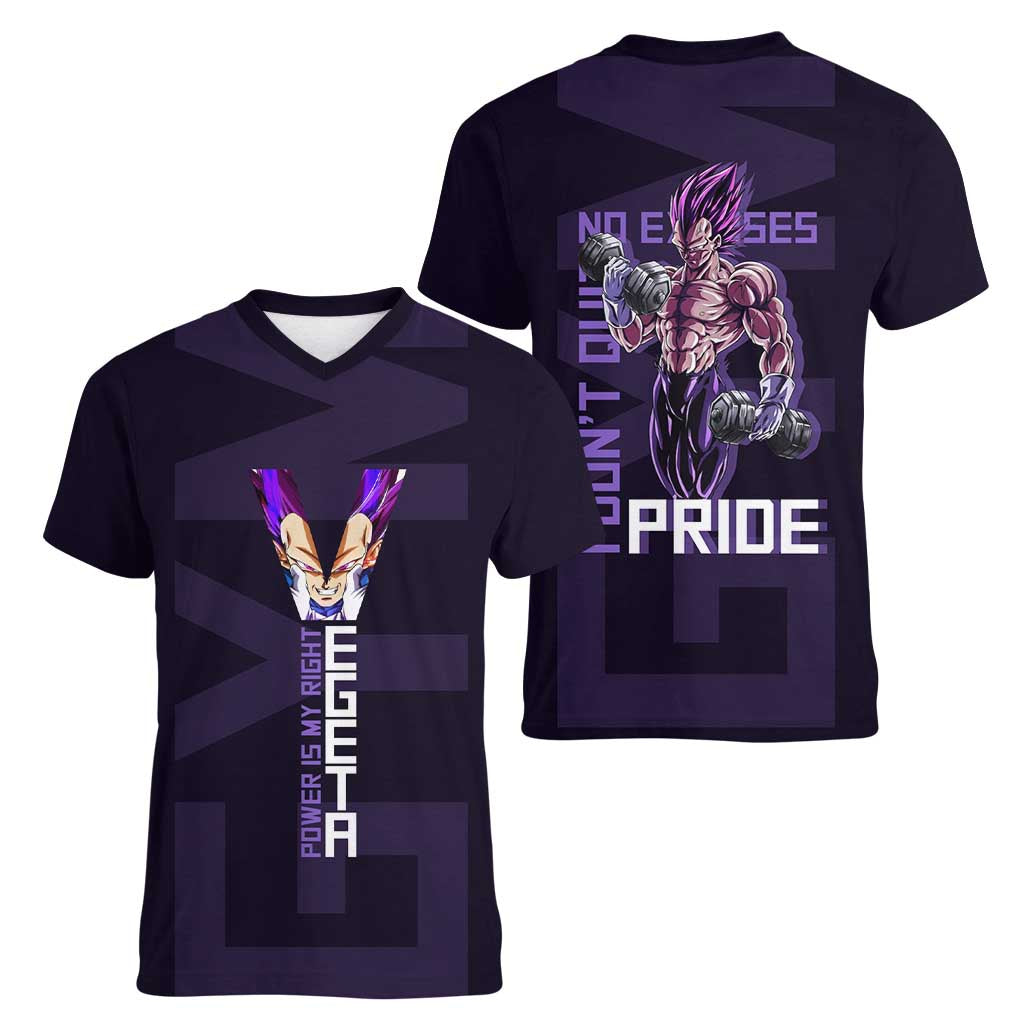 Vegeta Ultra Ego Gym Theme Women V-Neck T-Shirt with Dumbbells Power Quote and Pride Design - The Mazicc