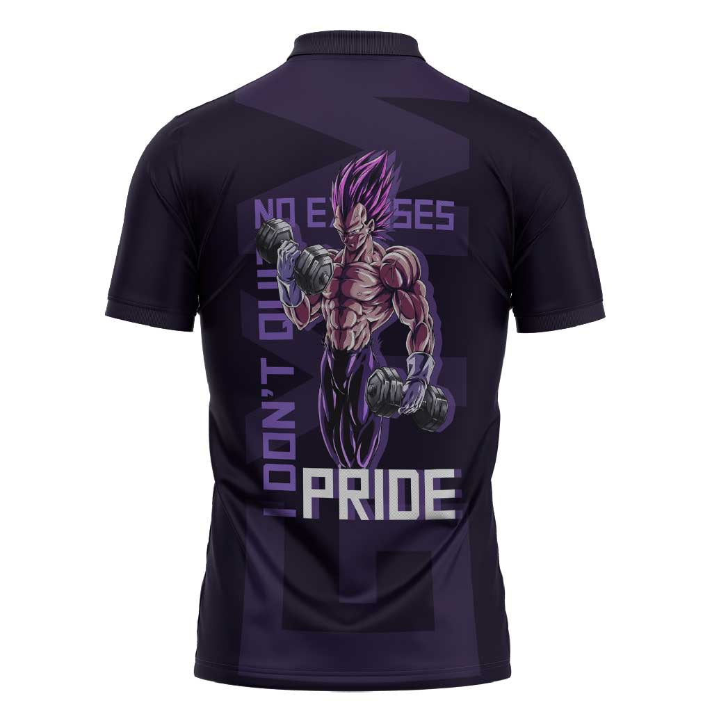Vegeta Ultra Ego Gym Theme Zipper Polo Shirt with Dumbbells Power Quote and Pride Design - The Mazicc