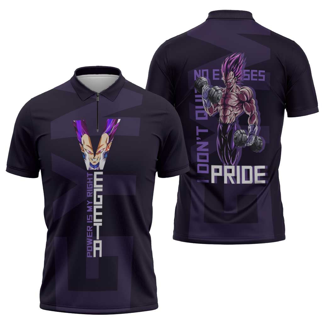 Vegeta Ultra Ego Gym Theme Zipper Polo Shirt with Dumbbells Power Quote and Pride Design - The Mazicc