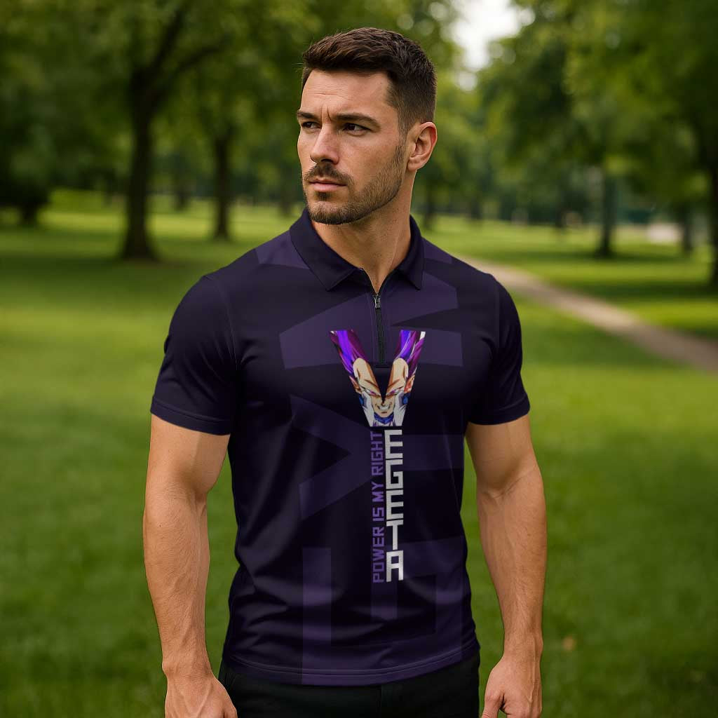 Vegeta Ultra Ego Gym Theme Zipper Polo Shirt with Dumbbells Power Quote and Pride Design - The Mazicc