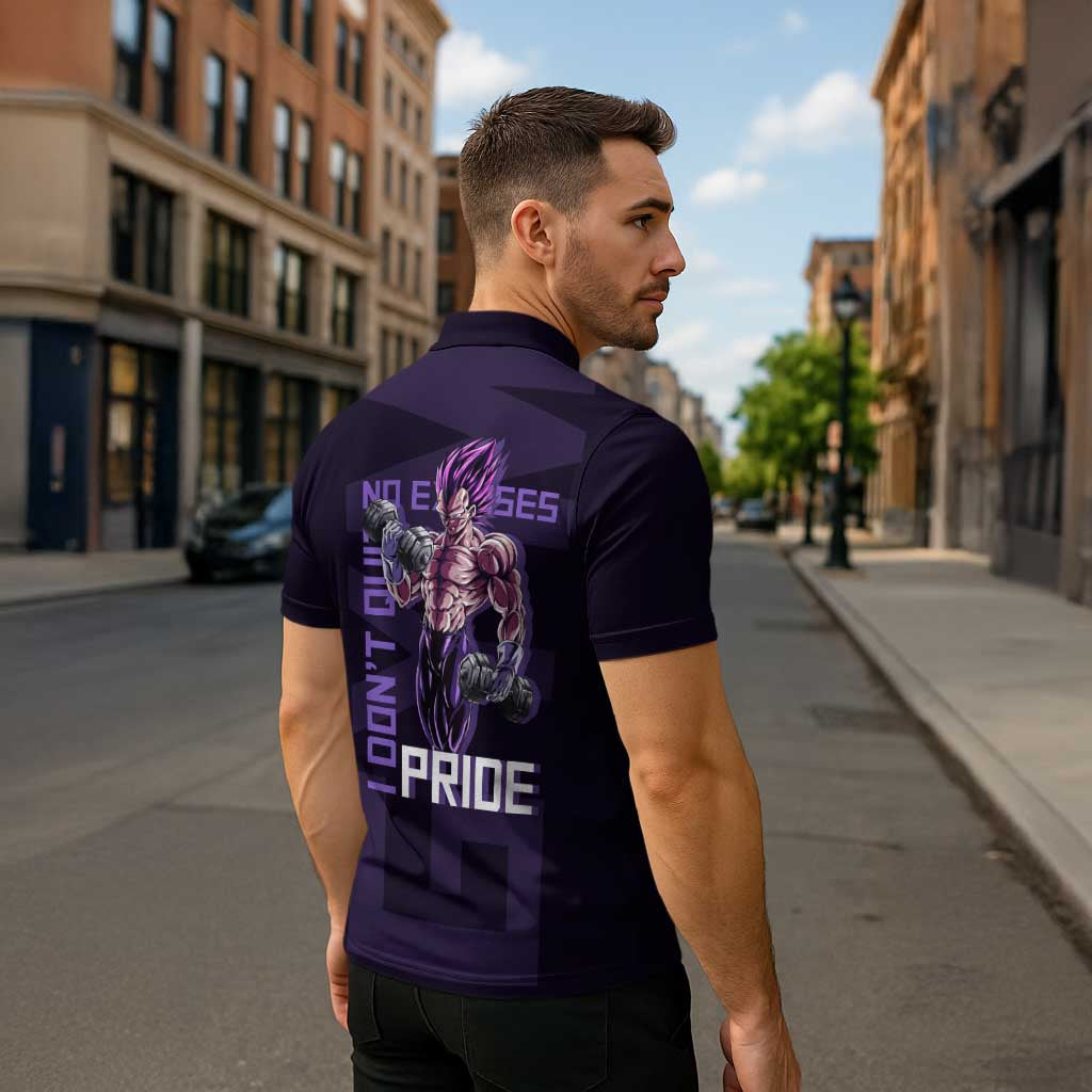 Vegeta Ultra Ego Gym Theme Zipper Polo Shirt with Dumbbells Power Quote and Pride Design - The Mazicc
