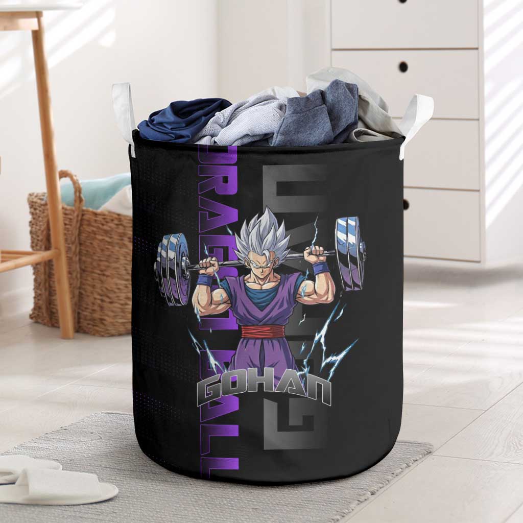 Gohan Dragon Ball Gym Theme Laundry Basket with Dumbbell Power Lift and Electric Aura on Black and Purple Design - The Mazicc