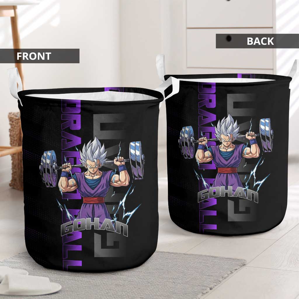 Gohan Dragon Ball Gym Theme Laundry Basket with Dumbbell Power Lift and Electric Aura on Black and Purple Design - The Mazicc