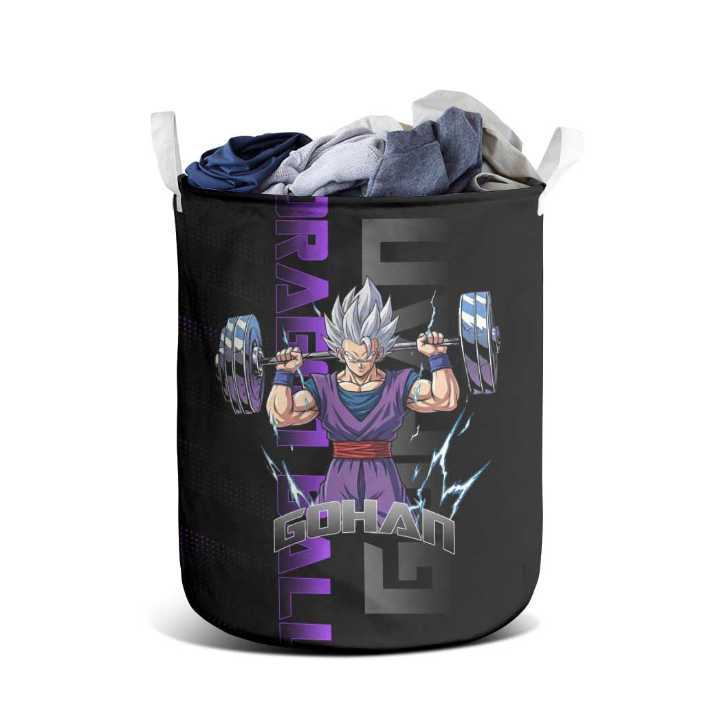 Gohan Dragon Ball Gym Theme Laundry Basket with Dumbbell Power Lift and Electric Aura on Black and Purple Design - The Mazicc