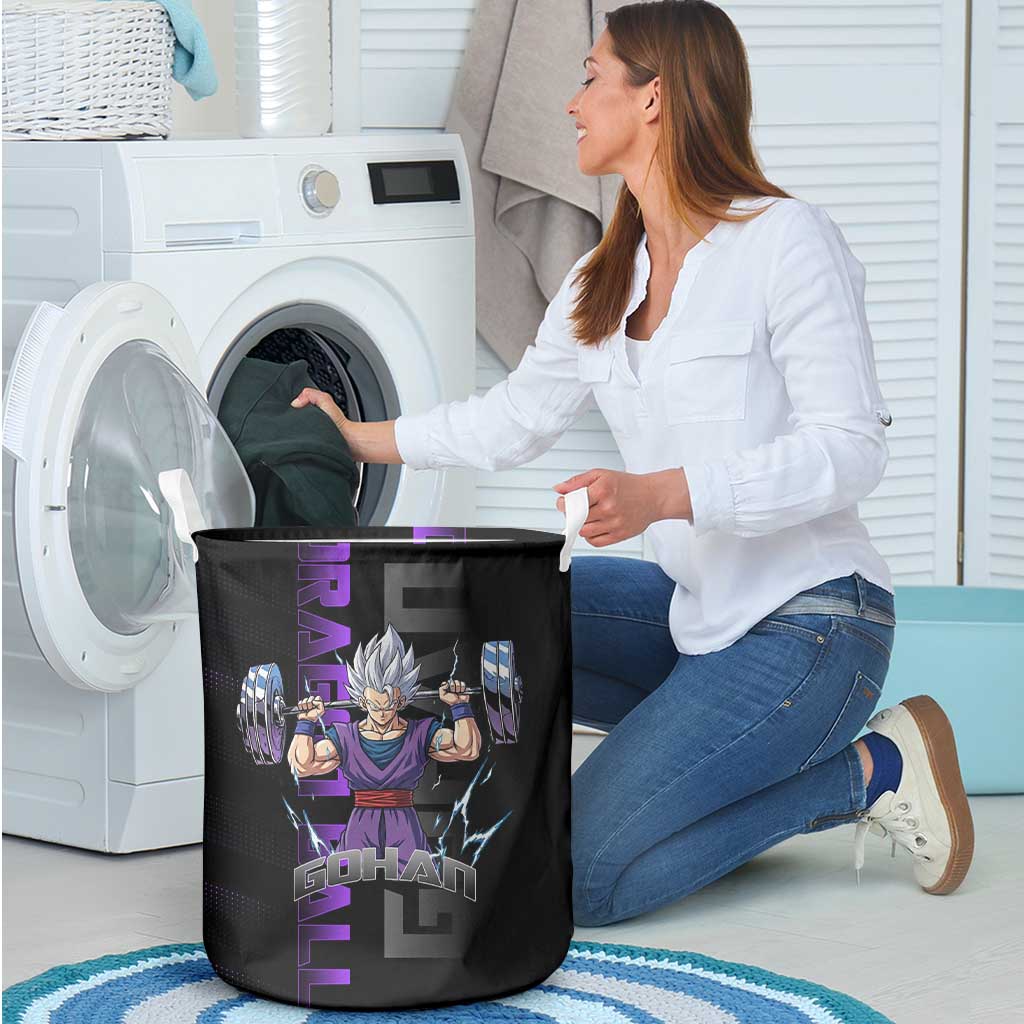 Gohan Dragon Ball Gym Theme Laundry Basket with Dumbbell Power Lift and Electric Aura on Black and Purple Design - The Mazicc