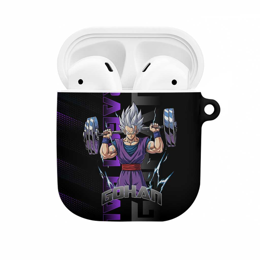 Gohan Dragon Ball Gym Theme AirPods Case with Dumbbell Power Lift and Electric Aura on Black and Purple Design - The Mazicc