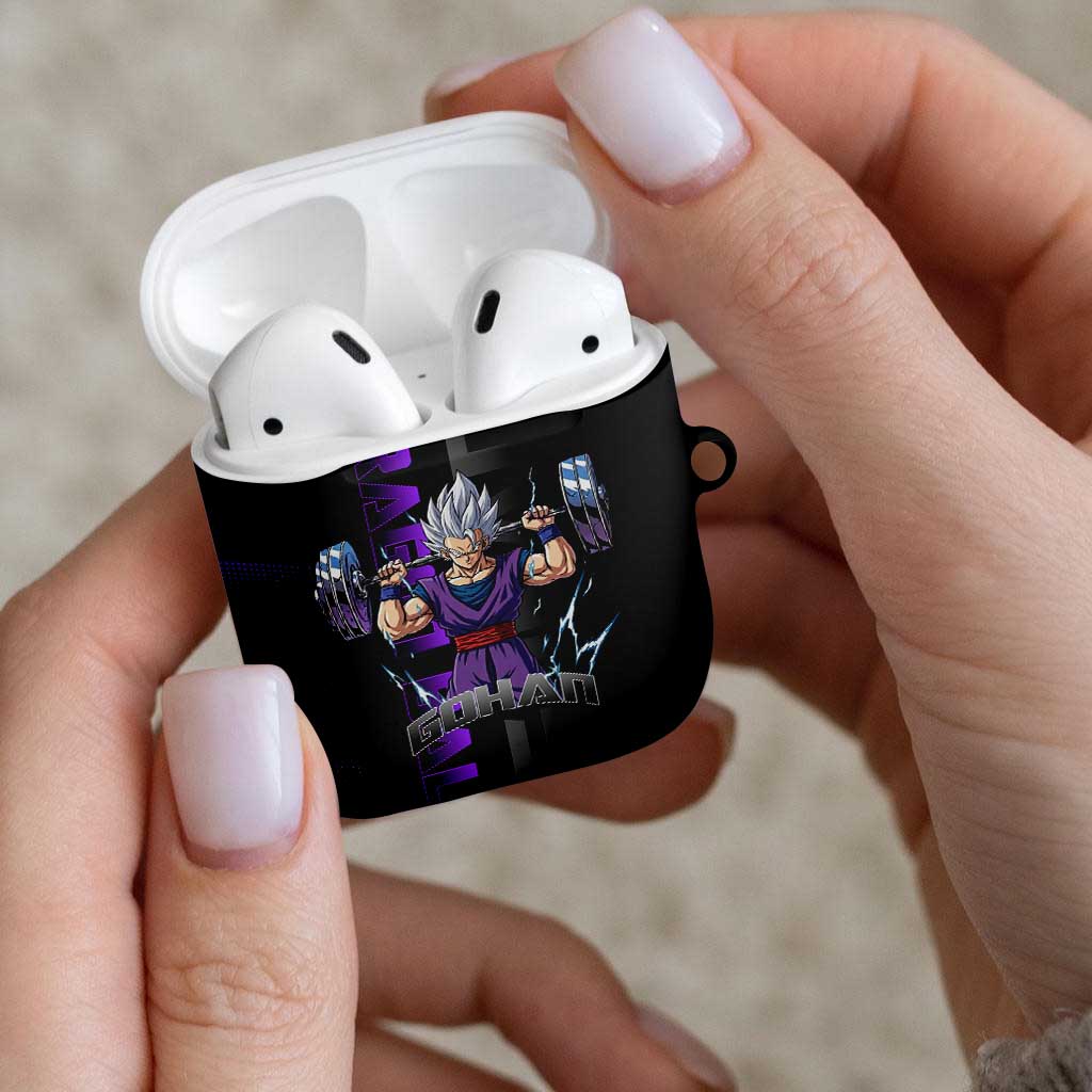 Gohan Dragon Ball Gym Theme AirPods Case with Dumbbell Power Lift and Electric Aura on Black and Purple Design - The Mazicc