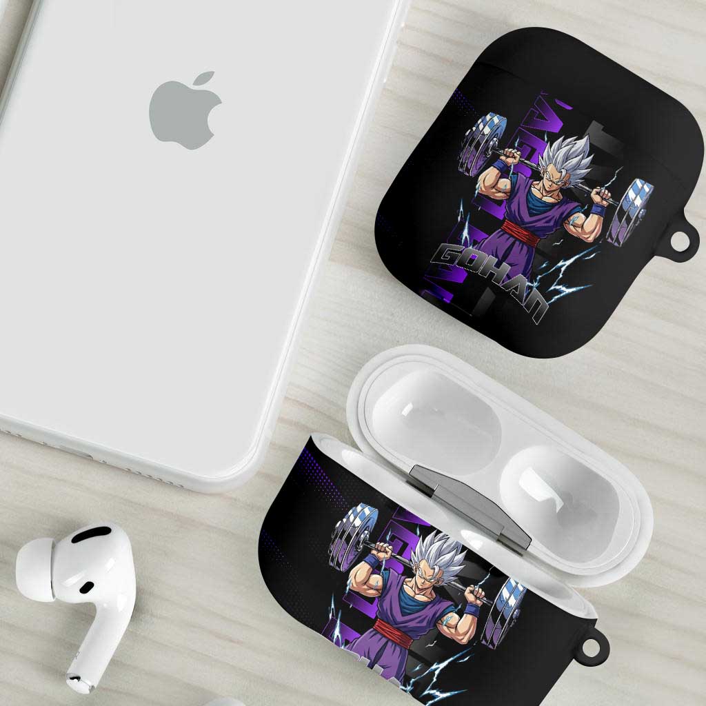 Gohan Dragon Ball Gym Theme AirPods Case with Dumbbell Power Lift and Electric Aura on Black and Purple Design - The Mazicc