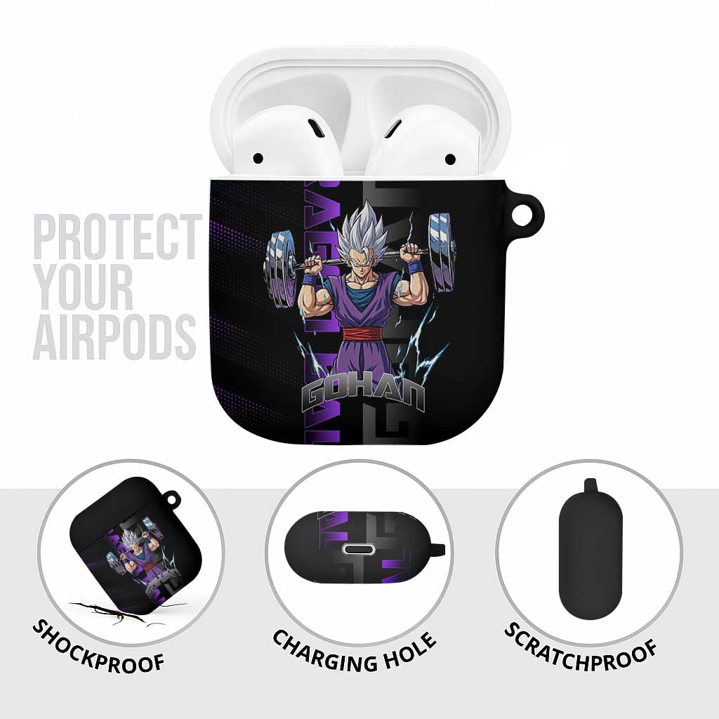 Gohan Dragon Ball Gym Theme AirPods Case with Dumbbell Power Lift and Electric Aura on Black and Purple Design - The Mazicc