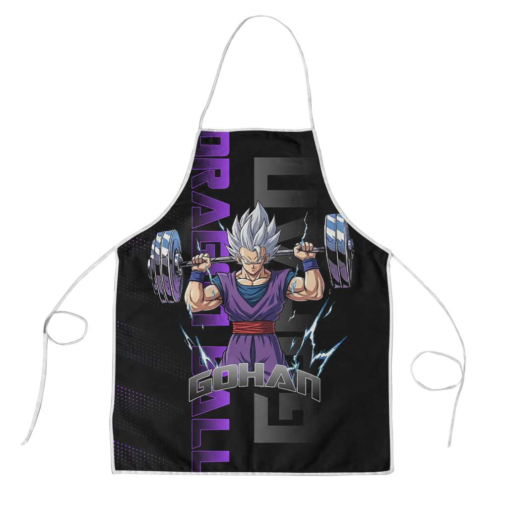 Gohan Dragon Ball Gym Theme Apron with Dumbbell Power Lift and Electric Aura on Black and Purple Design - The Mazicc