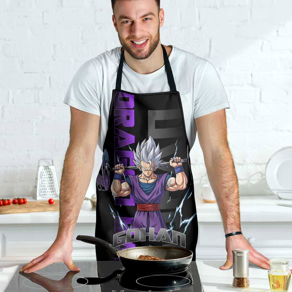 Gohan Dragon Ball Gym Theme Apron with Dumbbell Power Lift and Electric Aura on Black and Purple Design - The Mazicc