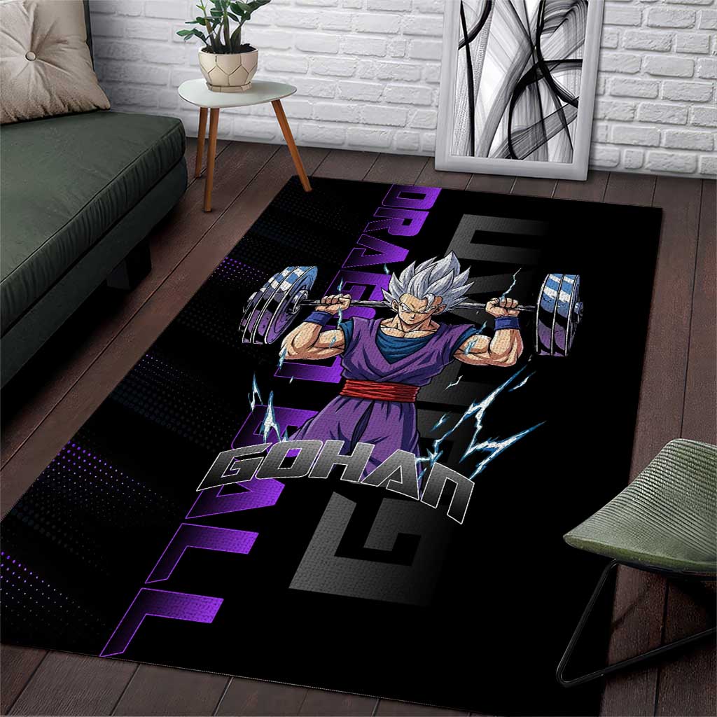 Gohan Dragon Ball Gym Theme Area Rug with Dumbbell Power Lift and Electric Aura on Black and Purple Design - The Mazicc