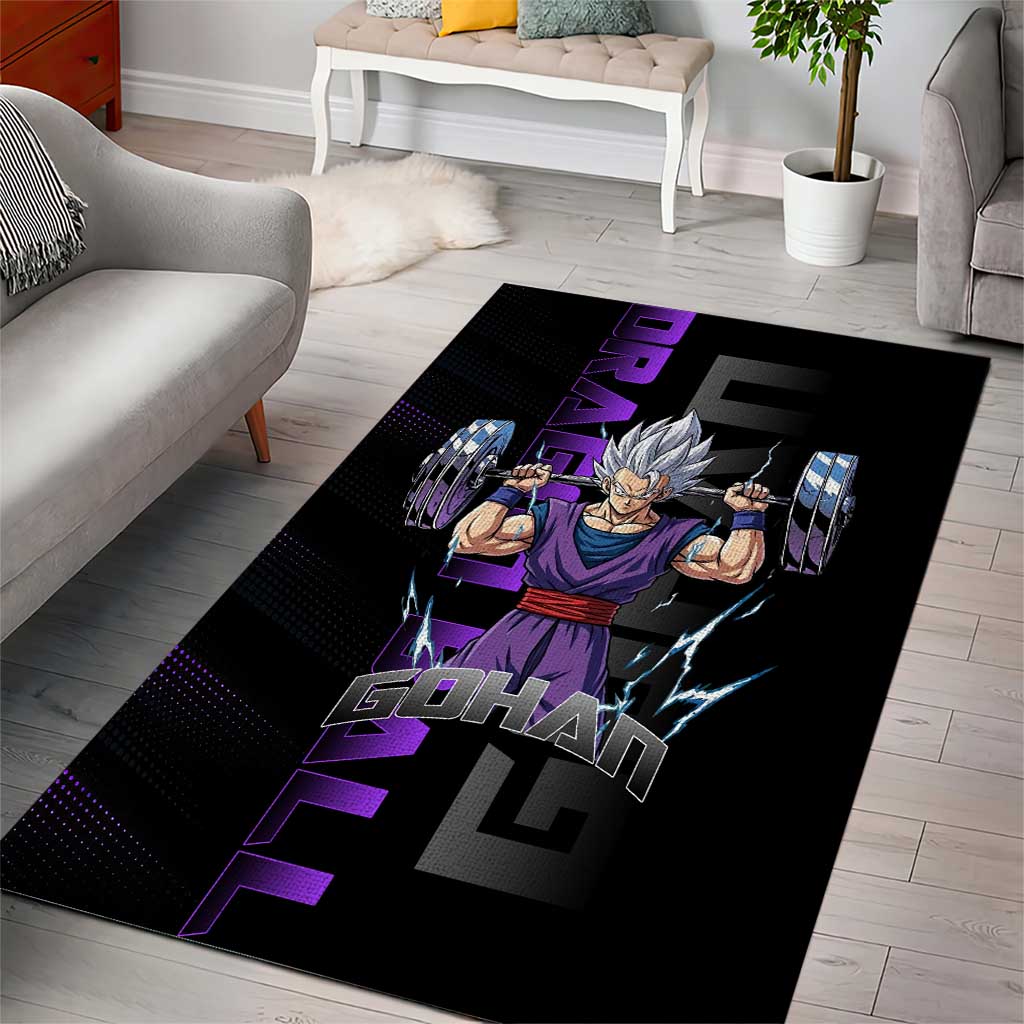 Gohan Dragon Ball Gym Theme Area Rug with Dumbbell Power Lift and Electric Aura on Black and Purple Design - The Mazicc