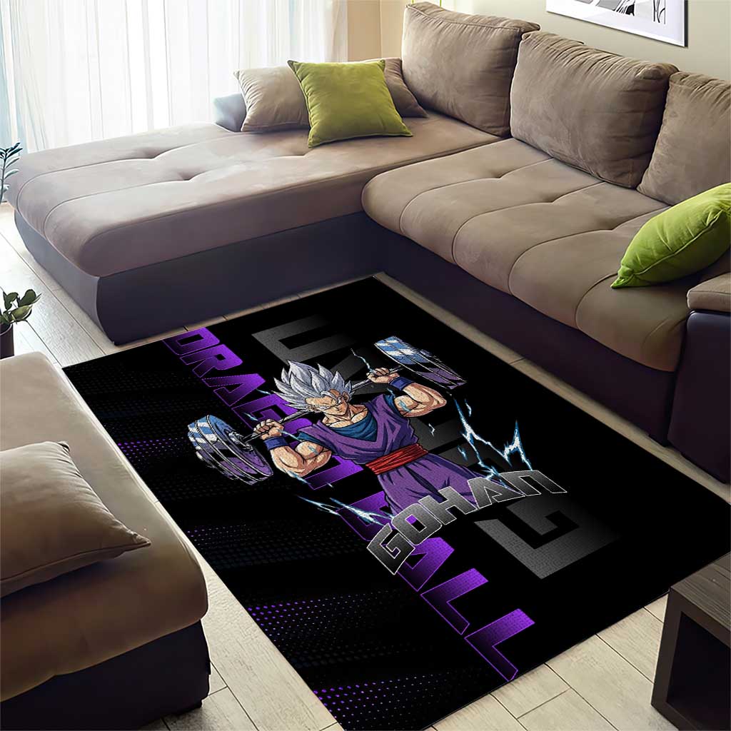 Gohan Dragon Ball Gym Theme Area Rug with Dumbbell Power Lift and Electric Aura on Black and Purple Design - The Mazicc