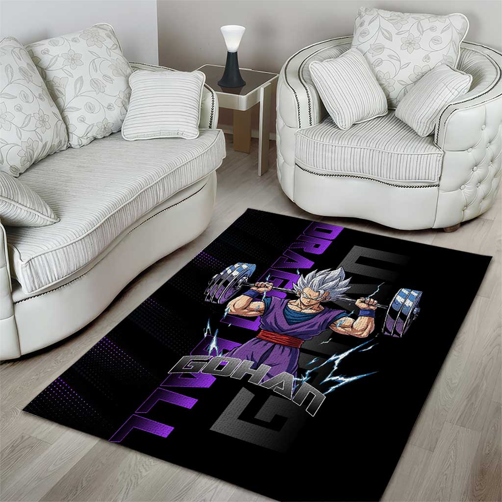Gohan Dragon Ball Gym Theme Area Rug with Dumbbell Power Lift and Electric Aura on Black and Purple Design - The Mazicc
