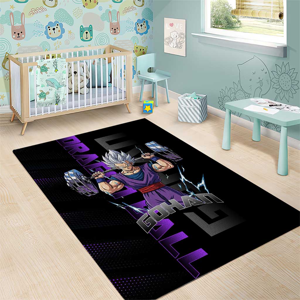 Gohan Dragon Ball Gym Theme Area Rug with Dumbbell Power Lift and Electric Aura on Black and Purple Design - The Mazicc