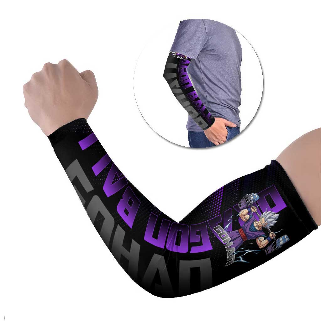 Gohan Dragon Ball Gym Theme Arm Sleeves with Dumbbell Power Lift and Electric Aura on Black and Purple Design - The Mazicc
