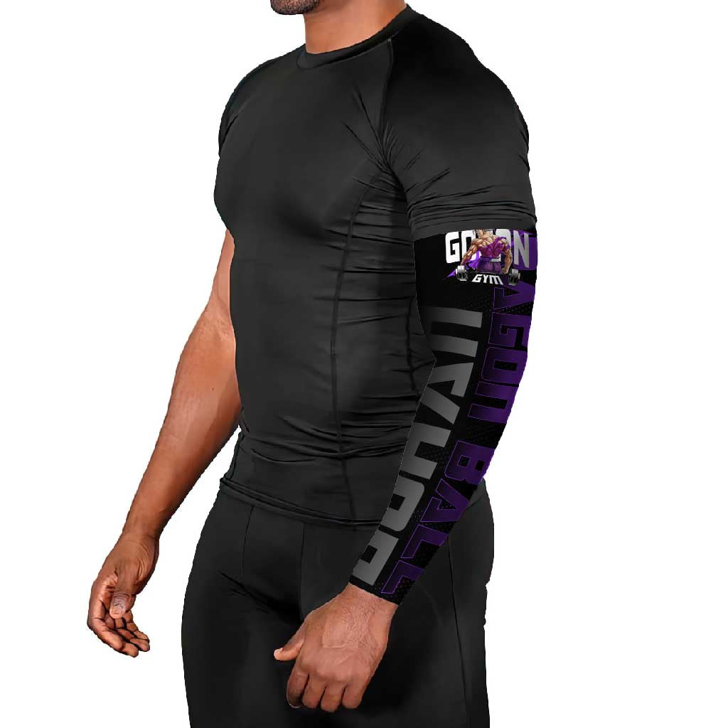 Gohan Dragon Ball Gym Theme Arm Sleeves with Dumbbell Power Lift and Electric Aura on Black and Purple Design - The Mazicc