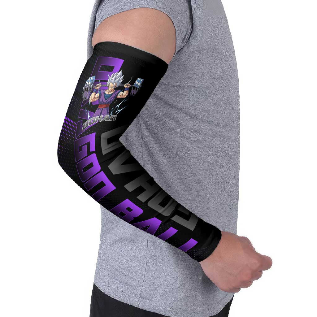 Gohan Dragon Ball Gym Theme Arm Sleeves with Dumbbell Power Lift and Electric Aura on Black and Purple Design - The Mazicc