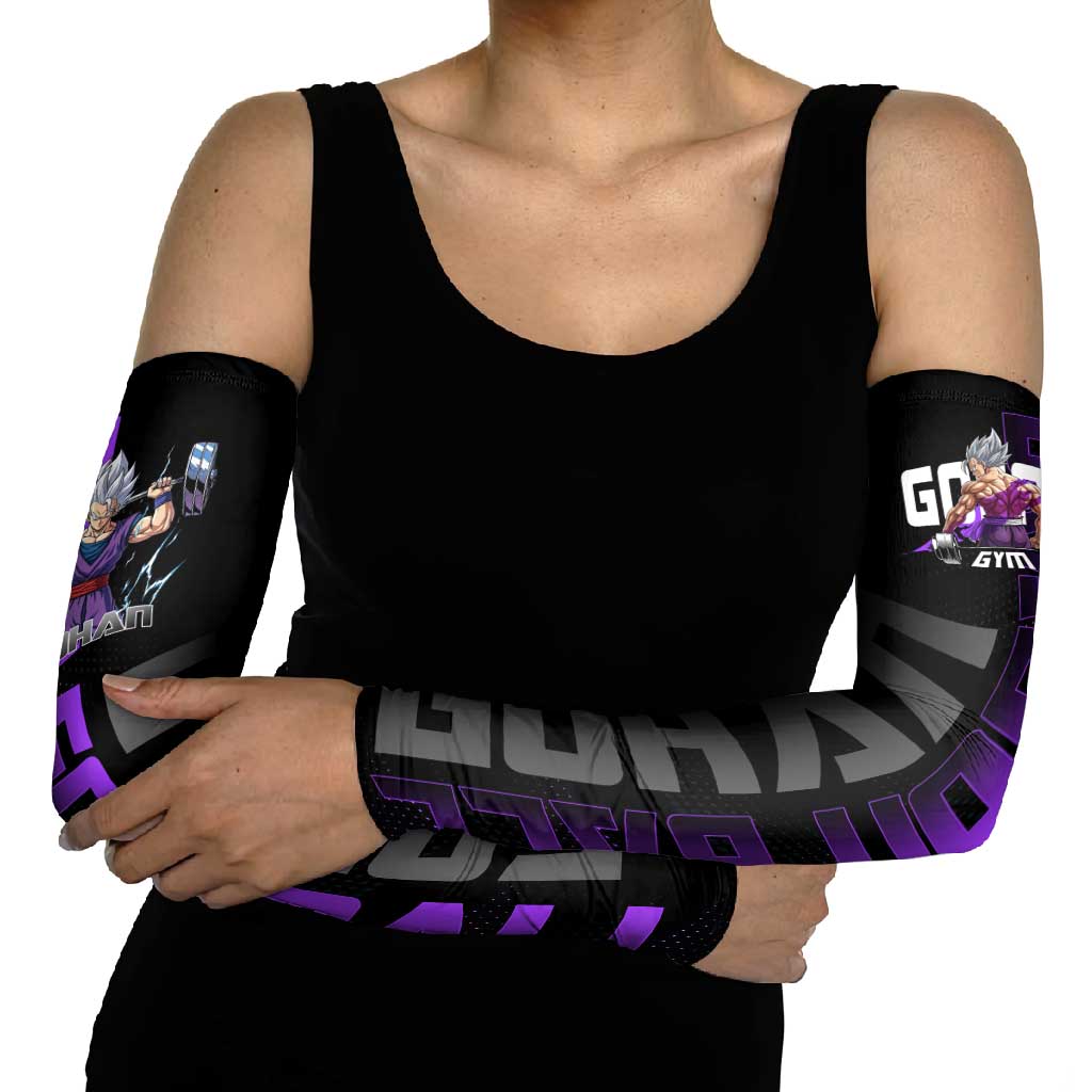 Gohan Dragon Ball Gym Theme Arm Sleeves with Dumbbell Power Lift and Electric Aura on Black and Purple Design - The Mazicc