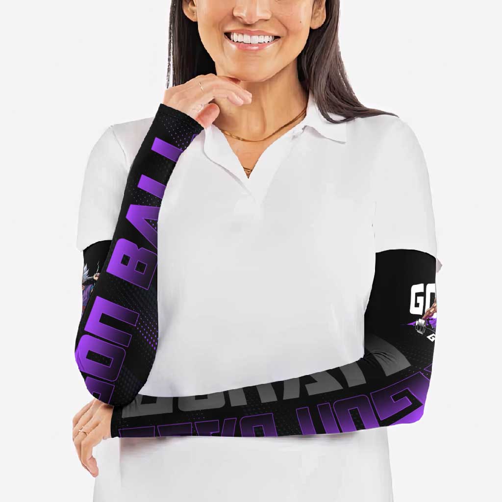 Gohan Dragon Ball Gym Theme Arm Sleeves with Dumbbell Power Lift and Electric Aura on Black and Purple Design - The Mazicc