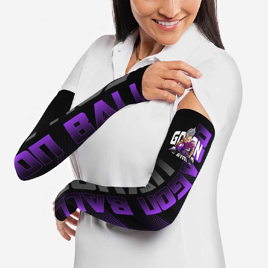 Gohan Dragon Ball Gym Theme Arm Sleeves with Dumbbell Power Lift and Electric Aura on Black and Purple Design - The Mazicc