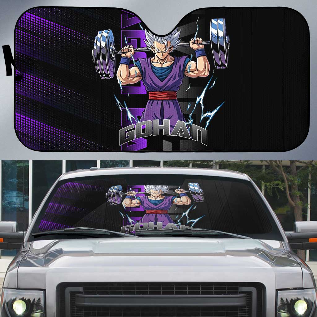 Gohan Dragon Ball Gym Theme Auto Sun Shade with Dumbbell Power Lift and Electric Aura on Black and Purple Design - The Mazicc
