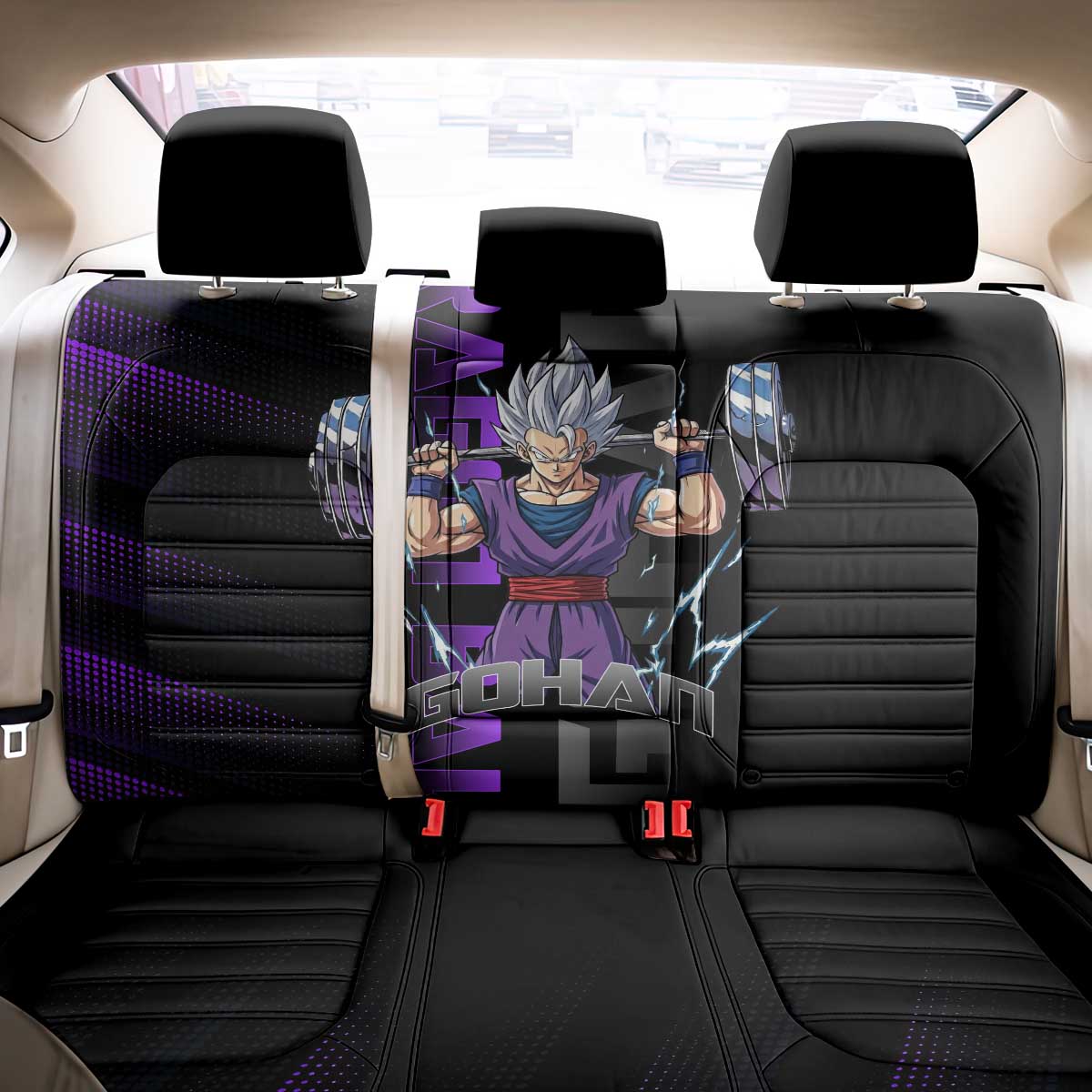 Gohan Dragon Ball Gym Theme Back Car Seat Cover with Dumbbell Power Lift and Electric Aura on Black and Purple Design - The Mazicc