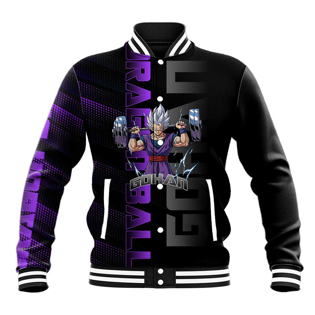 Gohan Dragon Ball Gym Theme Baseball Jacket with Dumbbell Power Lift and Electric Aura on Black and Purple Design - The Mazicc