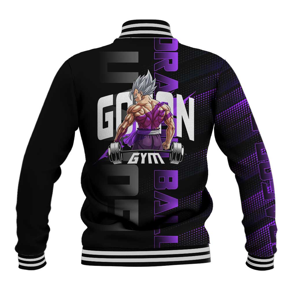 Gohan Dragon Ball Gym Theme Baseball Jacket with Dumbbell Power Lift and Electric Aura on Black and Purple Design - The Mazicc