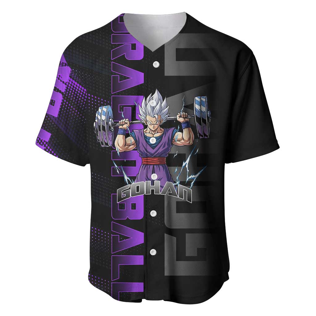 Gohan Dragon Ball Gym Theme Baseball Jersey with Dumbbell Power Lift and Electric Aura on Black and Purple Design - The Mazicc