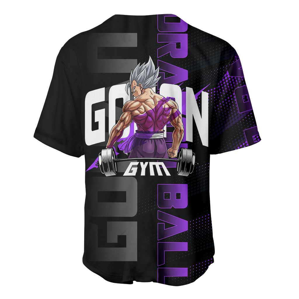 Gohan Dragon Ball Gym Theme Baseball Jersey with Dumbbell Power Lift and Electric Aura on Black and Purple Design - The Mazicc