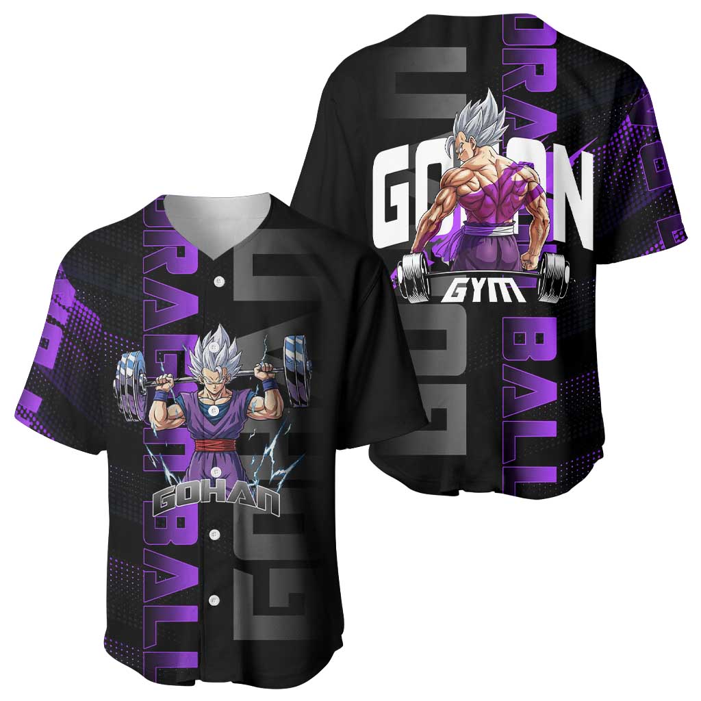 Gohan Dragon Ball Gym Theme Baseball Jersey with Dumbbell Power Lift and Electric Aura on Black and Purple Design - The Mazicc