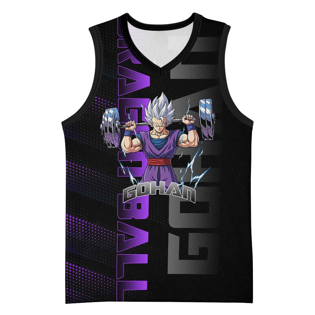 Gohan Dragon Ball Gym Theme Basketball Jersey with Dumbbell Power Lift and Electric Aura on Black and Purple Design - The Mazicc