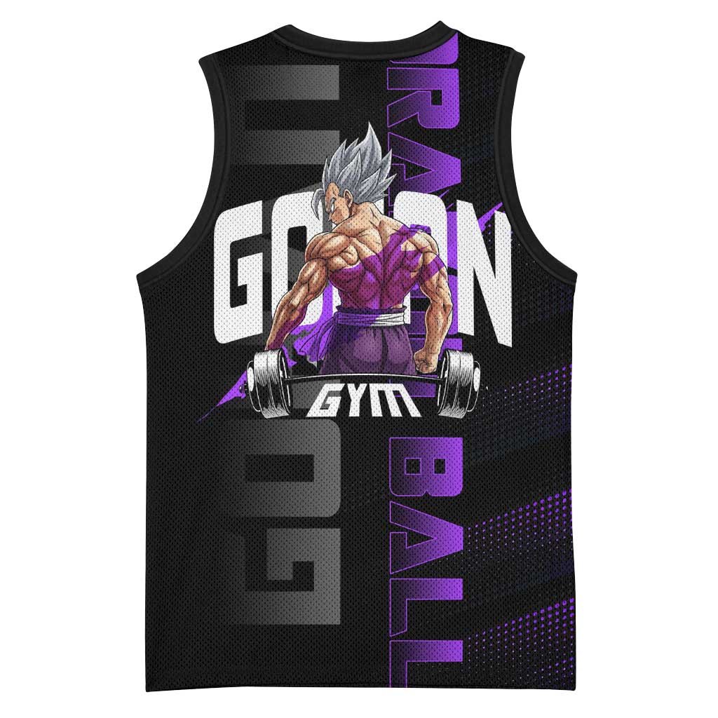 Gohan Dragon Ball Gym Theme Basketball Jersey with Dumbbell Power Lift and Electric Aura on Black and Purple Design - The Mazicc