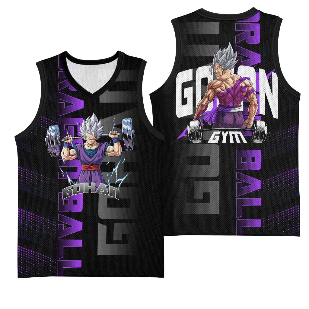 Gohan Dragon Ball Gym Theme Basketball Jersey with Dumbbell Power Lift and Electric Aura on Black and Purple Design - The Mazicc