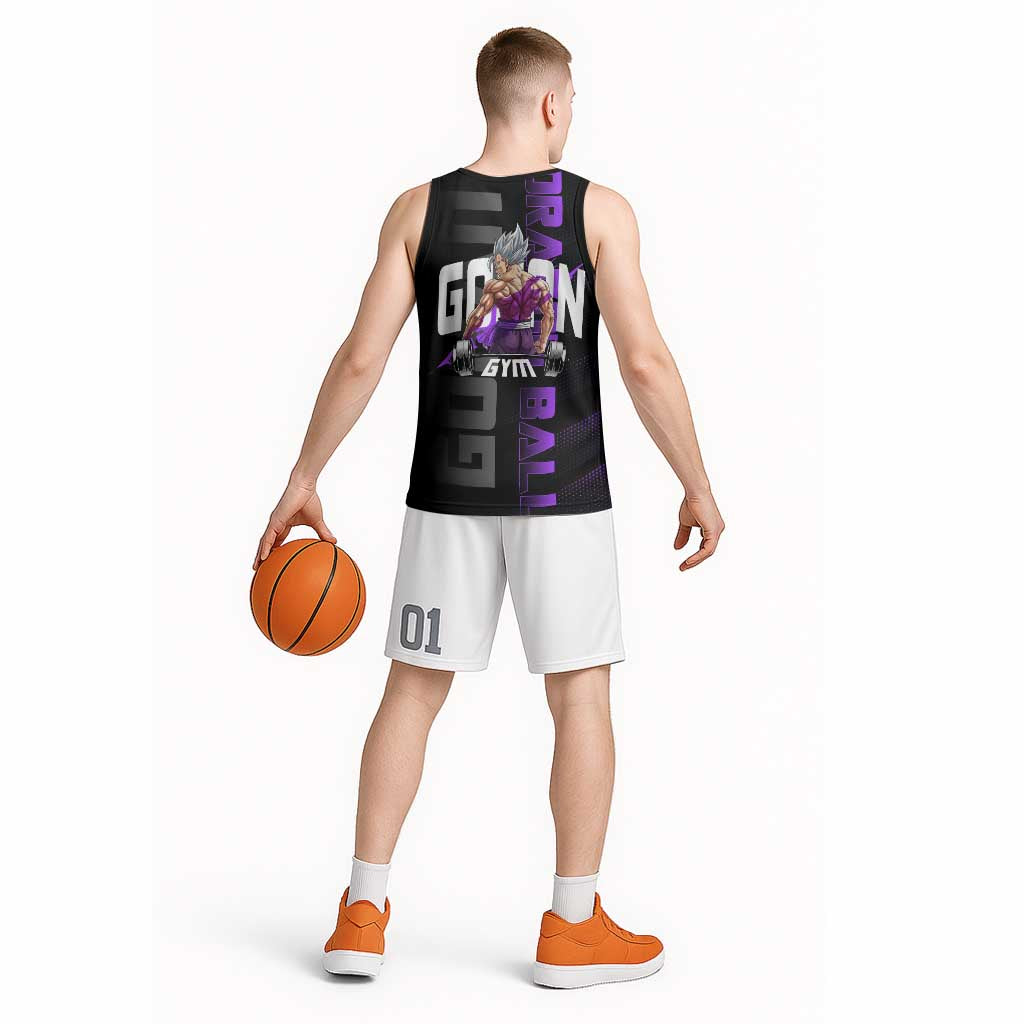 Gohan Dragon Ball Gym Theme Basketball Jersey with Dumbbell Power Lift and Electric Aura on Black and Purple Design - The Mazicc