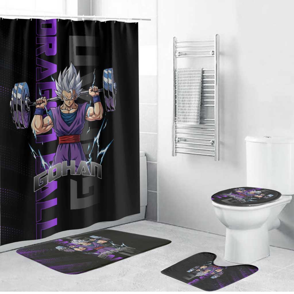 Gohan Dragon Ball Gym Theme Bathroom Set with Dumbbell Power Lift and Electric Aura on Black and Purple Design - The Mazicc