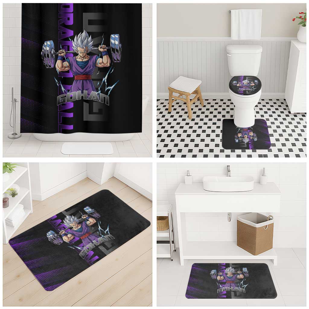 Gohan Dragon Ball Gym Theme Bathroom Set with Dumbbell Power Lift and Electric Aura on Black and Purple Design - The Mazicc