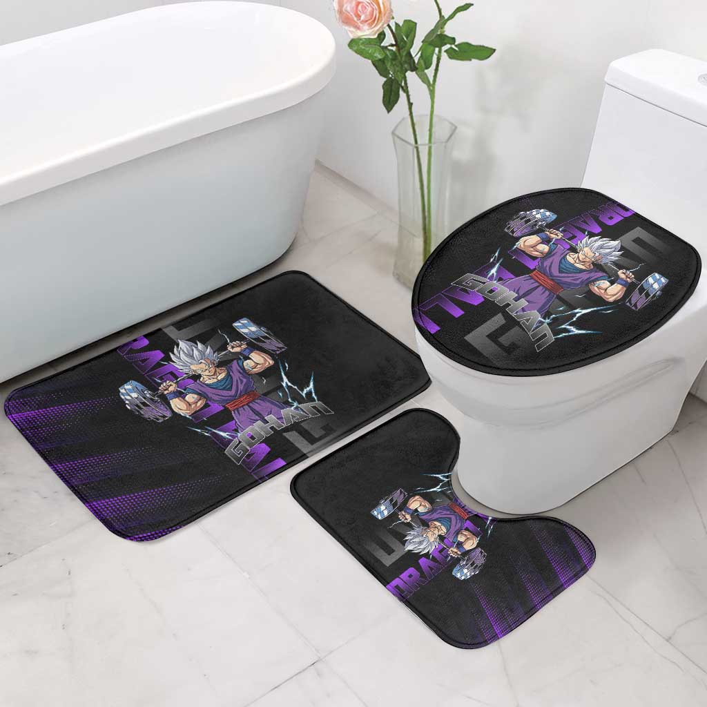 Gohan Dragon Ball Gym Theme Bathroom Set with Dumbbell Power Lift and Electric Aura on Black and Purple Design - The Mazicc