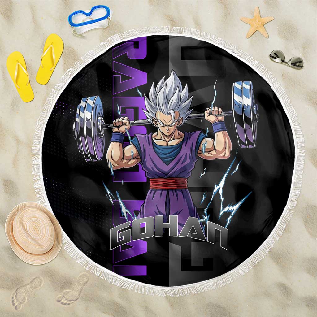 Gohan Dragon Ball Gym Theme Beach Blanket with Dumbbell Power Lift and Electric Aura on Black and Purple Design - The Mazicc