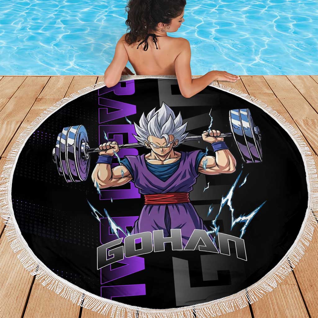 Gohan Dragon Ball Gym Theme Beach Blanket with Dumbbell Power Lift and Electric Aura on Black and Purple Design - The Mazicc
