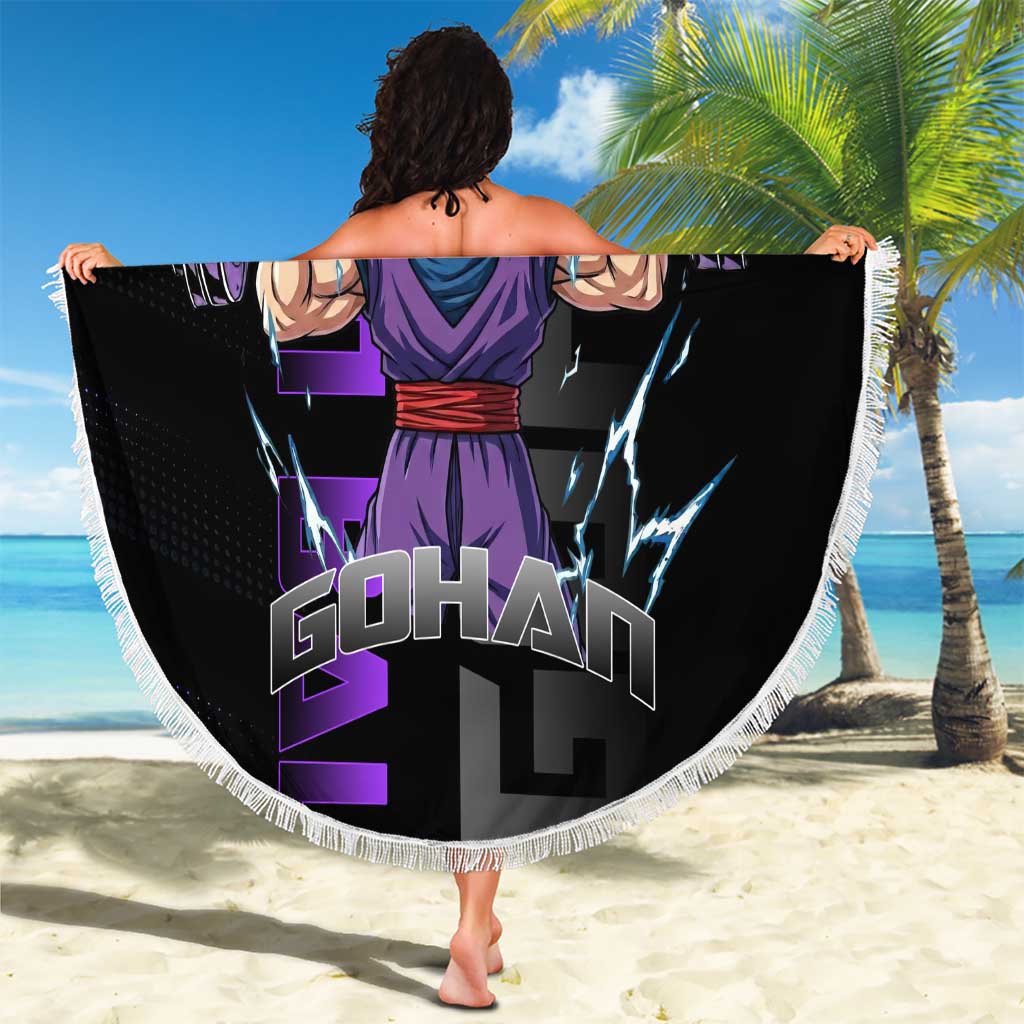 Gohan Dragon Ball Gym Theme Beach Blanket with Dumbbell Power Lift and Electric Aura on Black and Purple Design - The Mazicc
