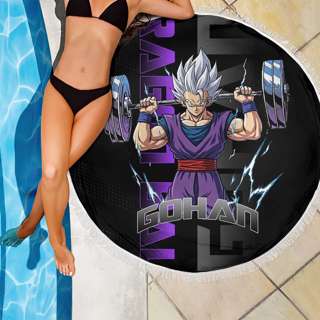 Gohan Dragon Ball Gym Theme Beach Blanket with Dumbbell Power Lift and Electric Aura on Black and Purple Design - The Mazicc