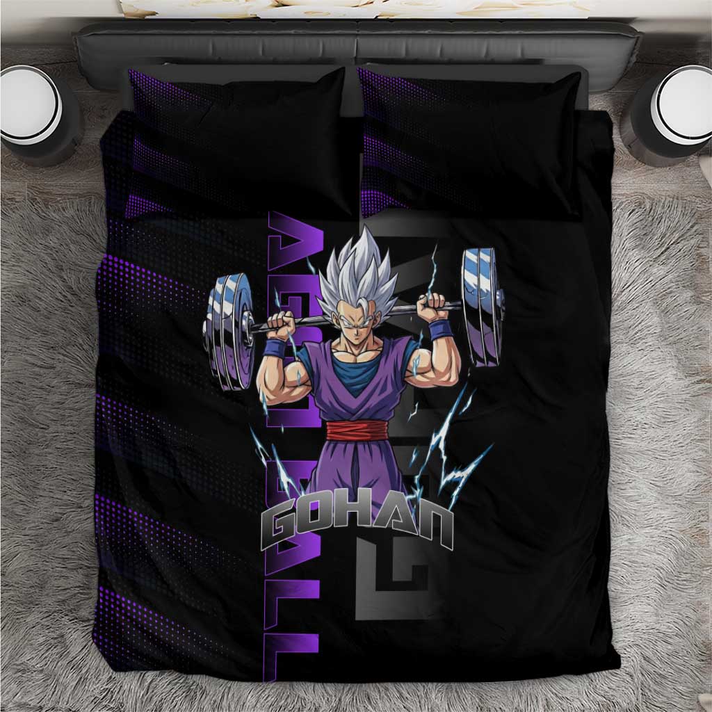 Gohan Dragon Ball Gym Theme Bedding Set with Dumbbell Power Lift and Electric Aura on Black and Purple Design - The Mazicc