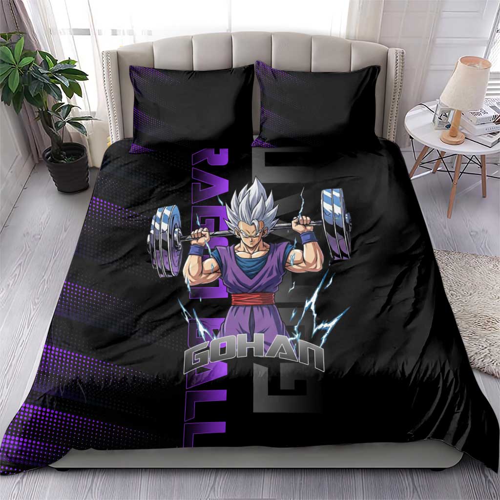 Gohan Dragon Ball Gym Theme Bedding Set with Dumbbell Power Lift and Electric Aura on Black and Purple Design - The Mazicc