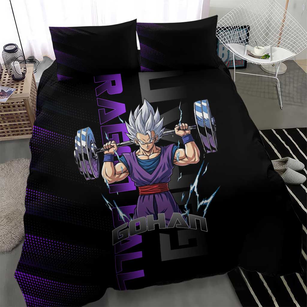 Gohan Dragon Ball Gym Theme Bedding Set with Dumbbell Power Lift and Electric Aura on Black and Purple Design - The Mazicc