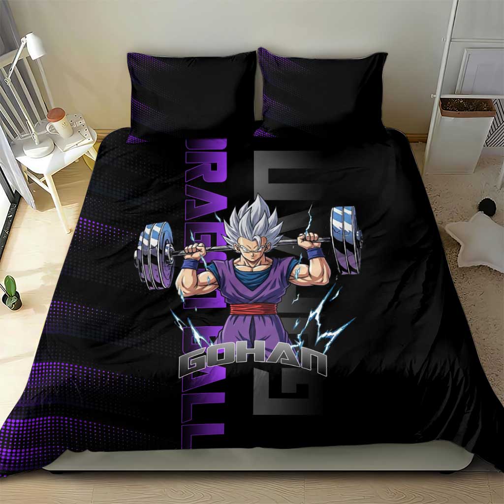 Gohan Dragon Ball Gym Theme Bedding Set with Dumbbell Power Lift and Electric Aura on Black and Purple Design - The Mazicc