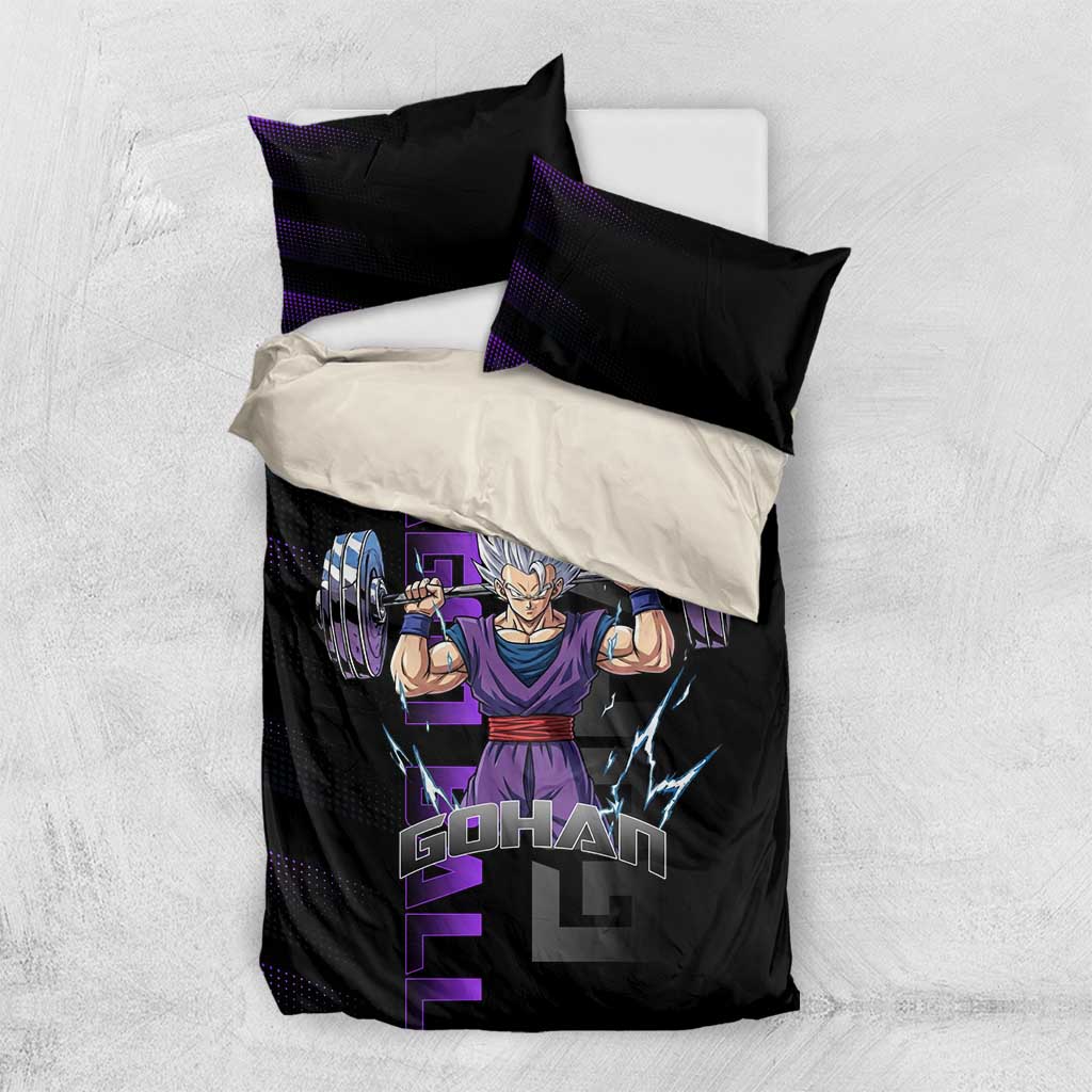 Gohan Dragon Ball Gym Theme Bedding Set with Dumbbell Power Lift and Electric Aura on Black and Purple Design - The Mazicc